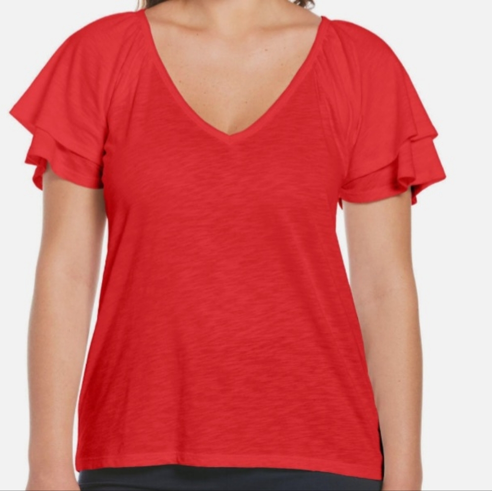 NWT Women Rafaella Red V Neck Ruffled Short Sleeves Top XXL
